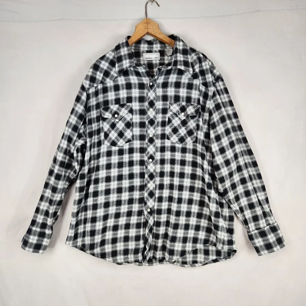 Wrangler Wrancher Pearl Snap Men's XXL Flannel Western Shirt Black White Plaid